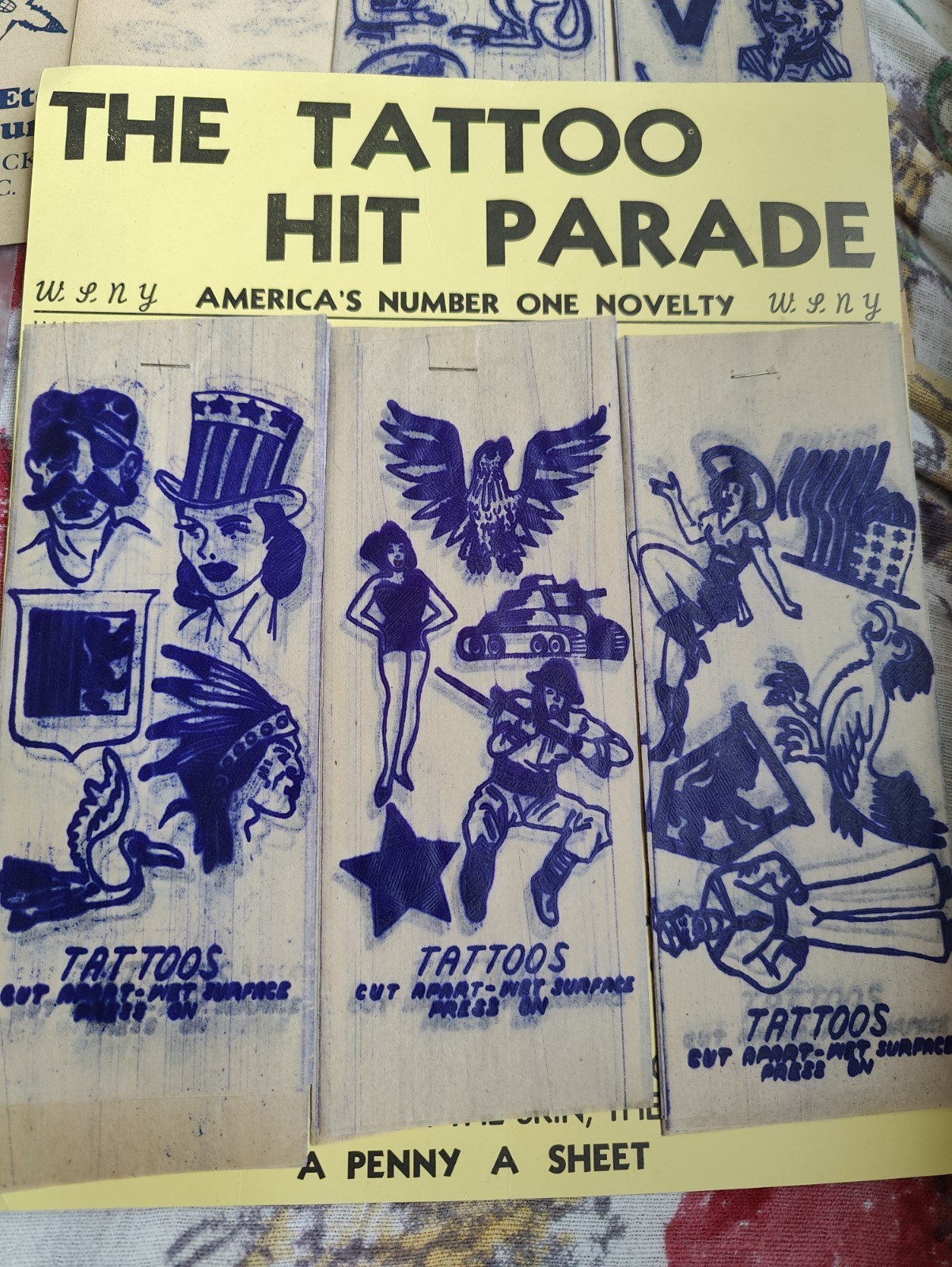 Vintage WWII Era Victory Tattoos Lot W.S.N.Y. Penny a Sheet Sailor Patriotic...