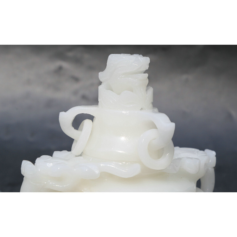 6.5" Chinese White Jade Carved Dragon Head Beast Tripodia Incense Burner Censer