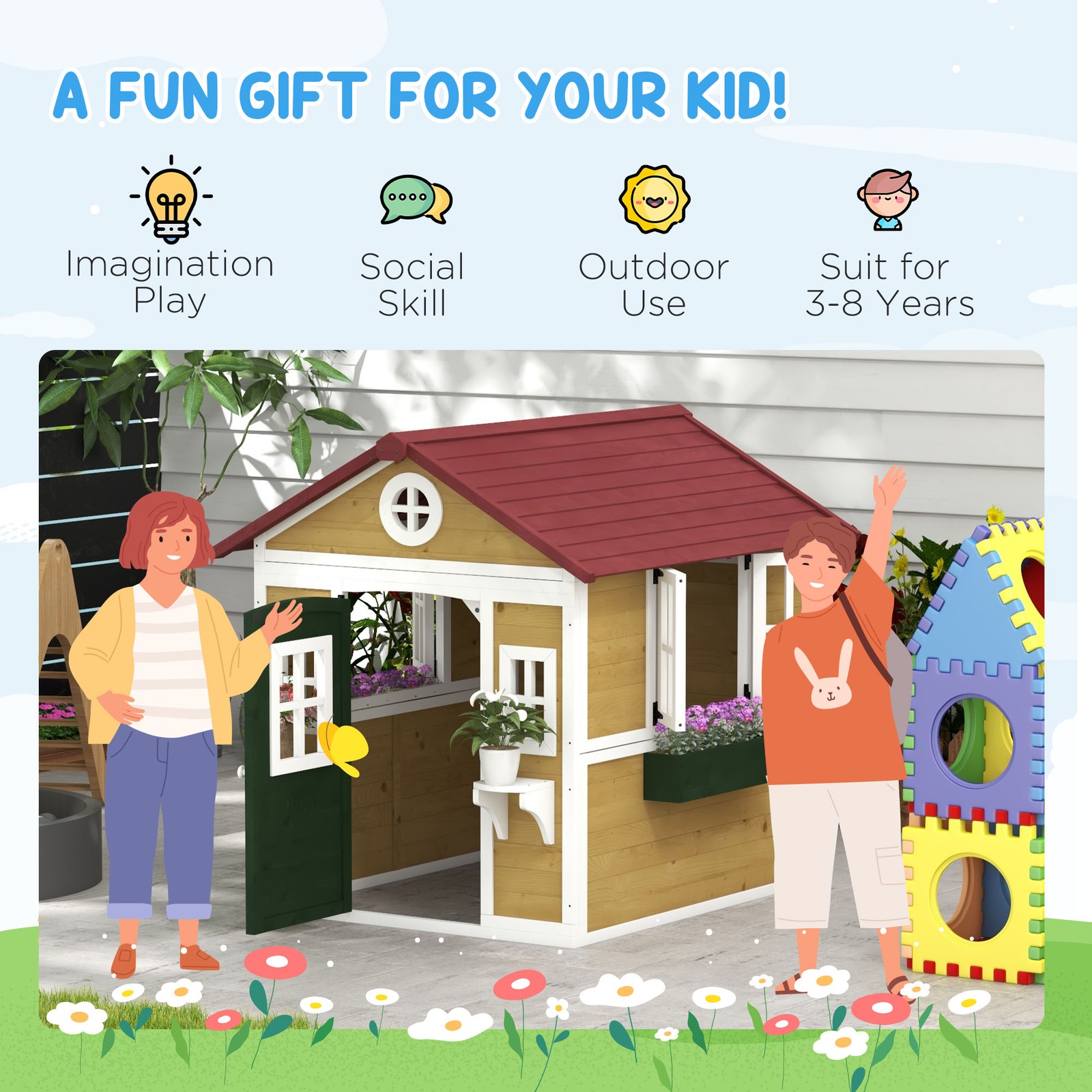 Playhouse for Kids with Doors, Windows, Planter Pots and Boxes