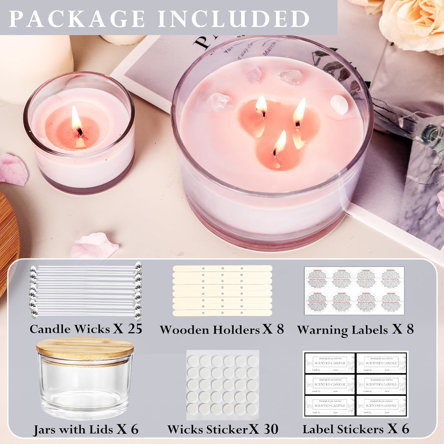 CONNOO 24oz Clear Glass Candle Jars 6 Pack, Multi-Wick Wide Mouth Empty Bulk for