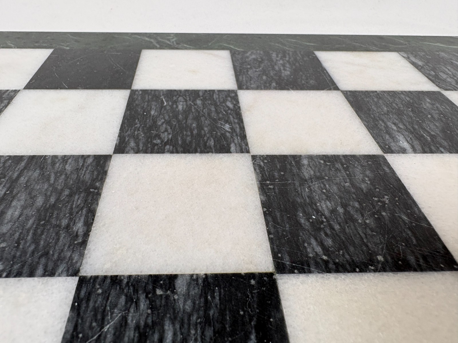 Marble Chess Board Black White With Green Border Stone 15 Inch Vintage Used