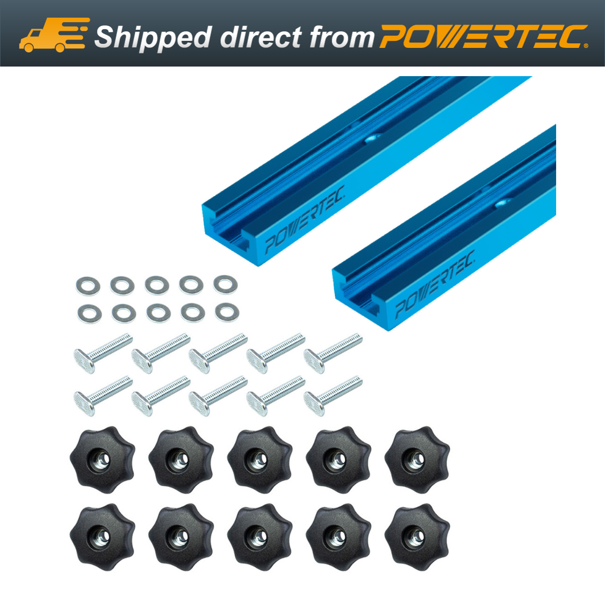 POWERTEC 71889 2 Pcs Double-Cut Profile Universal T-Track (36") and 10-PK Knobs