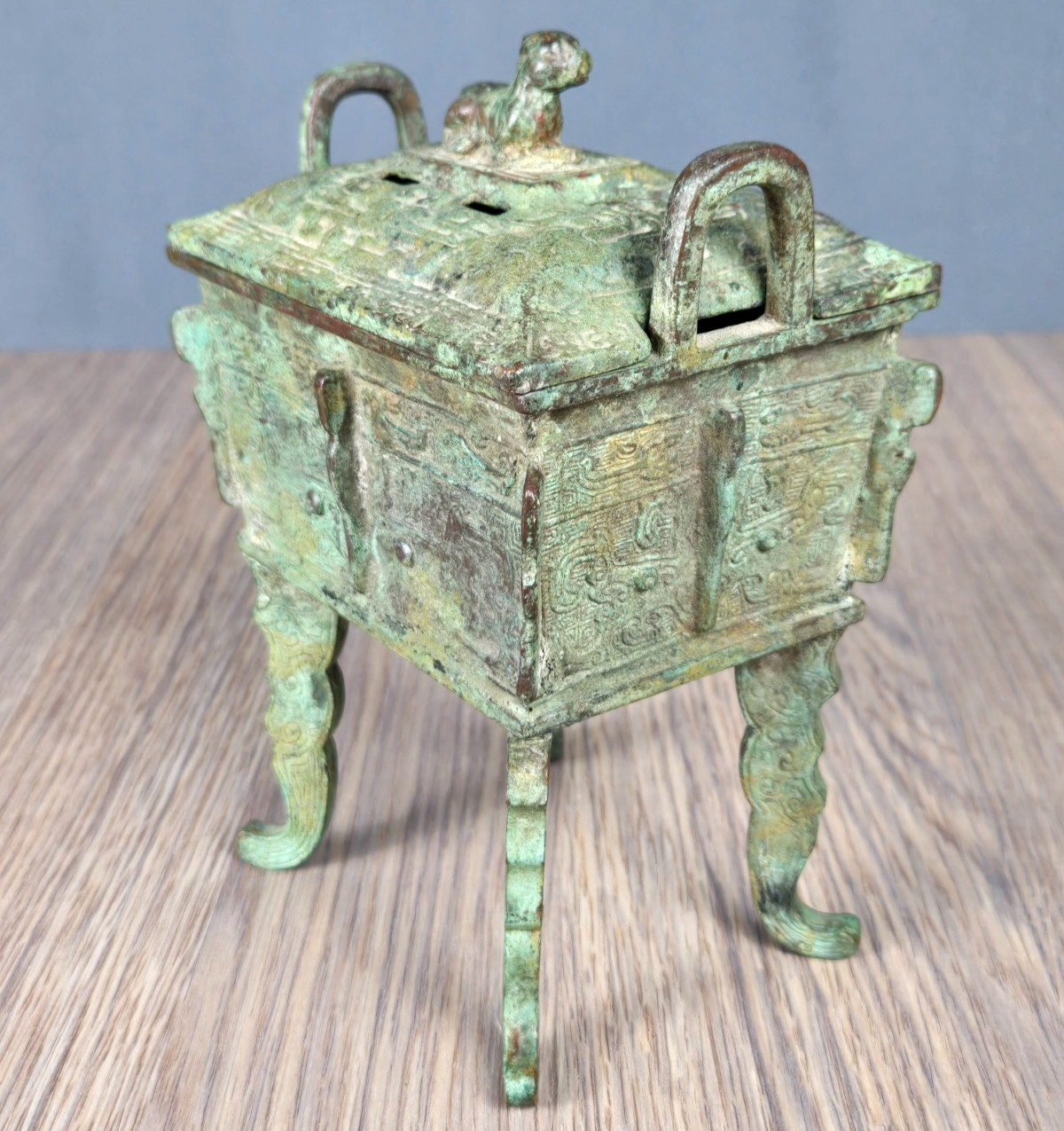 Chinese cast bronze Fang Ding Censer, dog lid, incense burner, signed