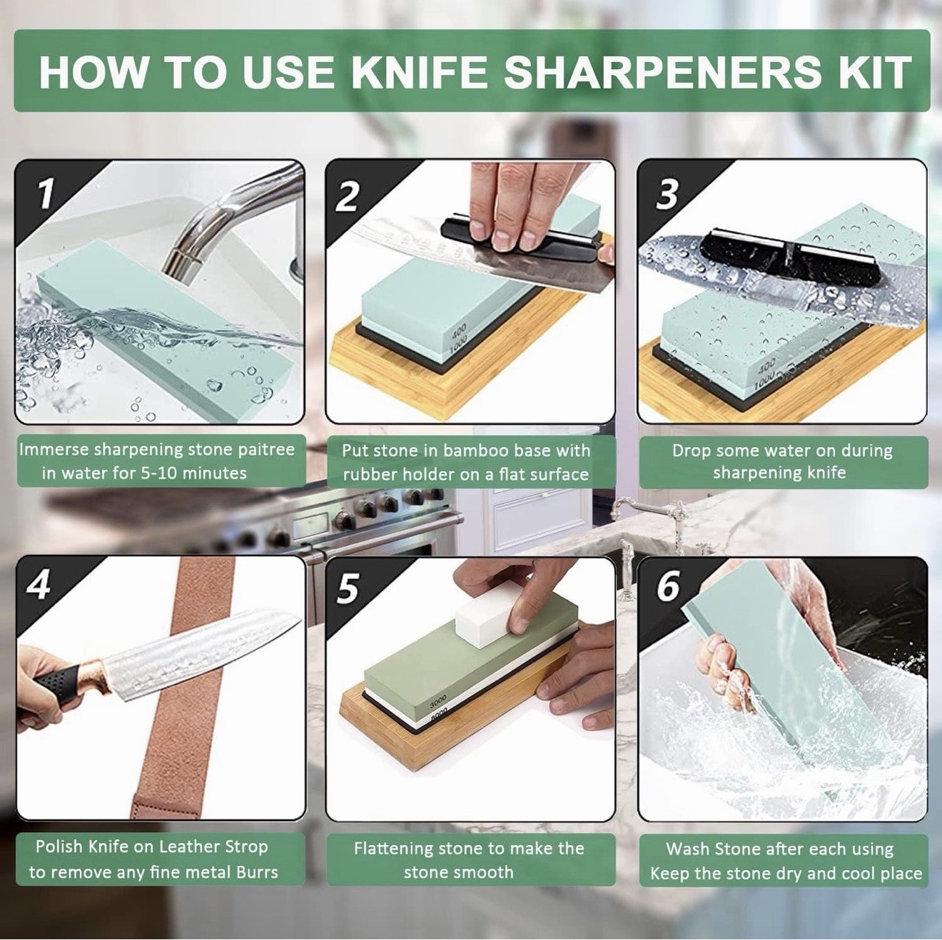 Knife Sharpening Stone Set, Professional 4 Side Grit 400/1000 3000/8000 Premi