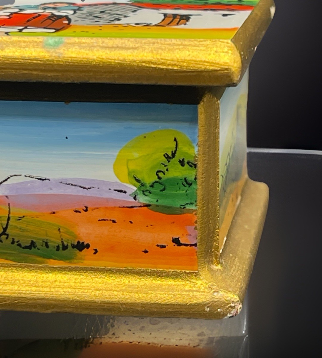 Peru Folk ART Peruvian Village Reverse Glass Painting Wooden Mini Trinket Box