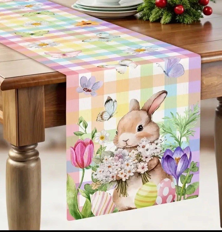 13"x72" Easter Colorful Table Runner Bunny Pastel Gingham Checkered Yellow Pink