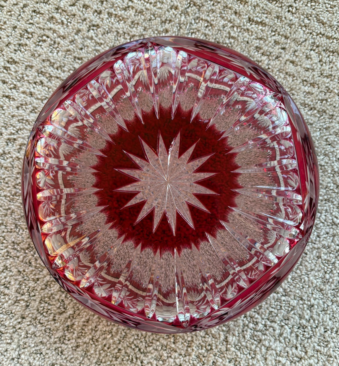 VINTAGE RUBY RED Bohemian Czeck Art Crystal Cut To Clear Center Piece Bowl