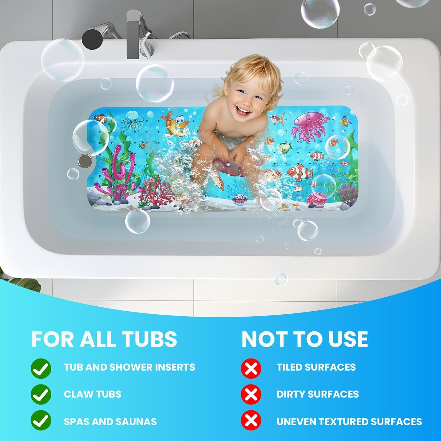 Baby Bath Tub Mat, 40 X 16 Inch Extra Large Non Slip Kids Cartoon Bathtub Shower