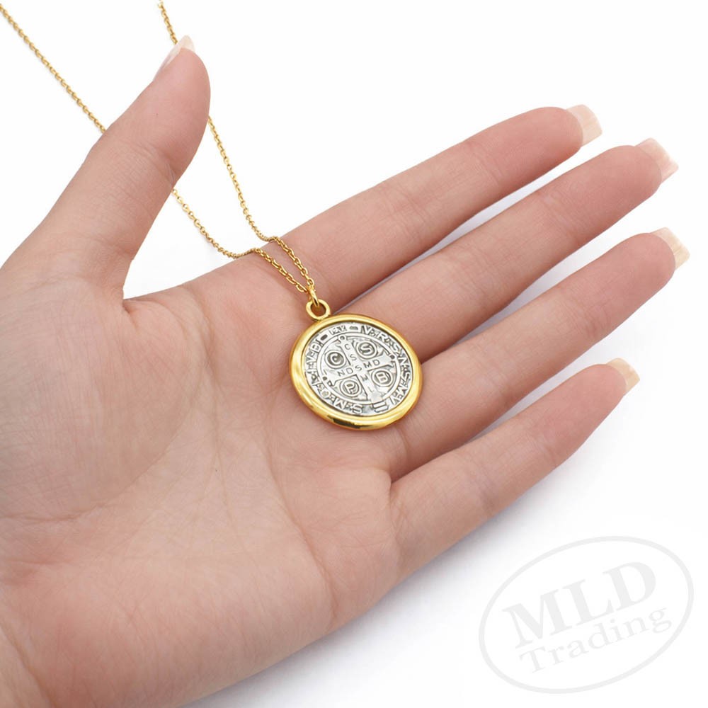 Saint St Benedict Medal Pendant Necklace – Gold Tone Border – 18”+2” Link Chain