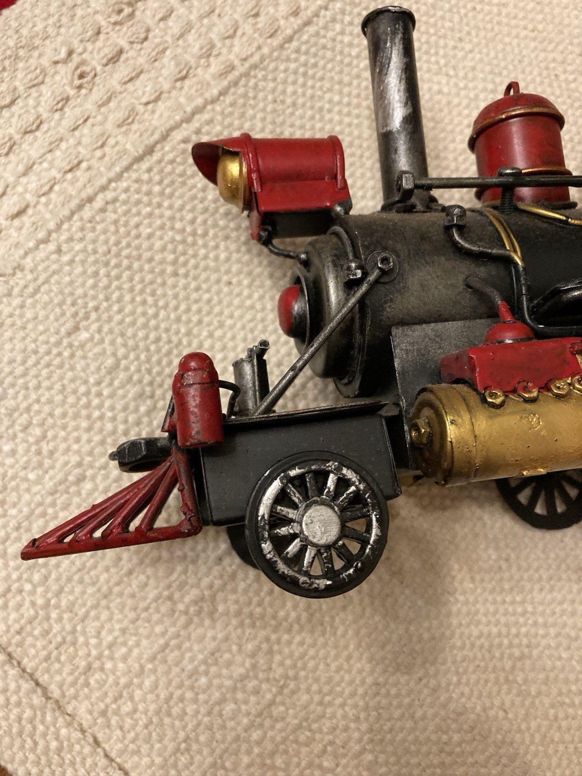 Vtg Decorative Metal Steam Locomotive Model Train Engine Red Black Gold On Base