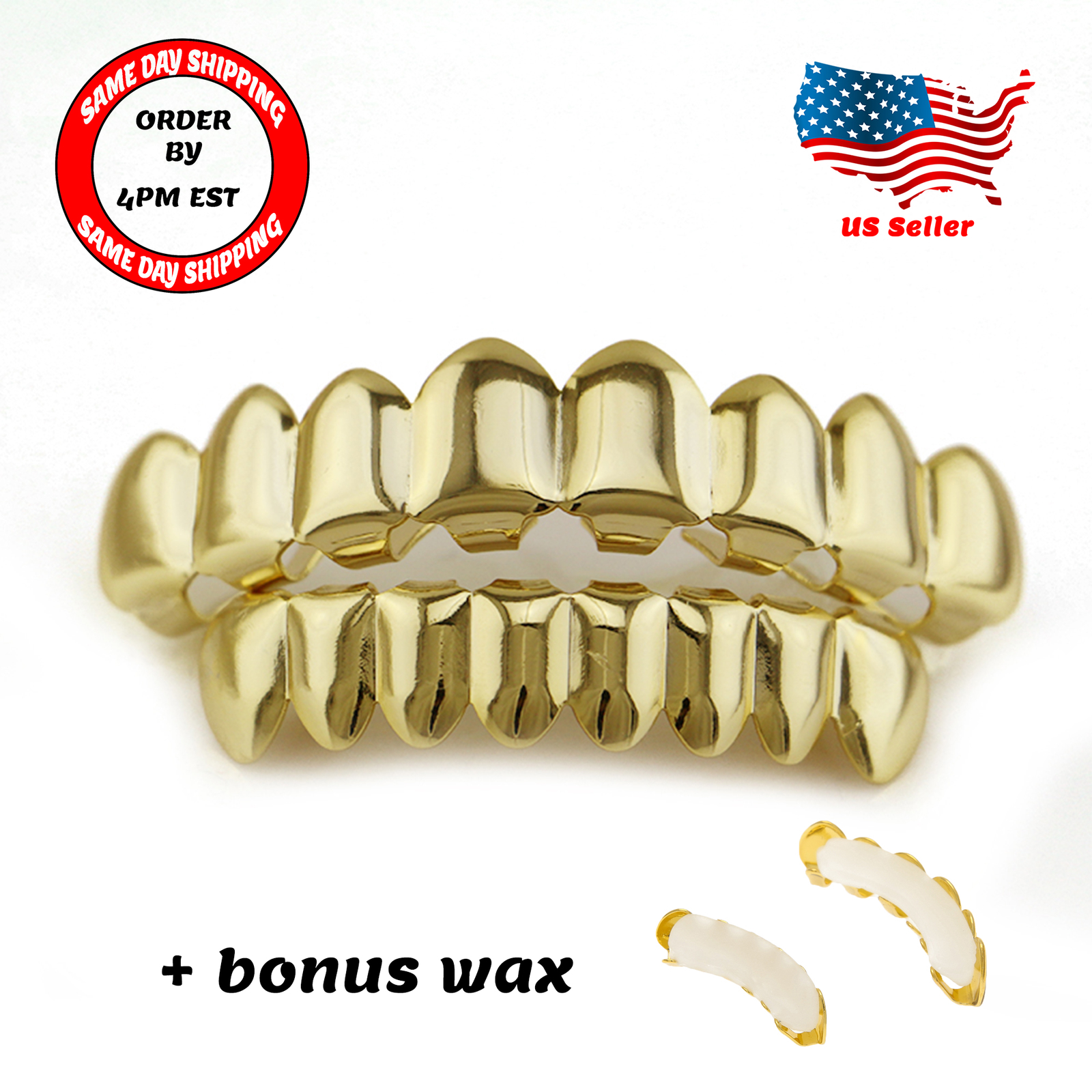 14K Gold Plated HipHop Teeth Grillz Top&Bottom Grill Set Bonus Wax*HIGH QUALITY*