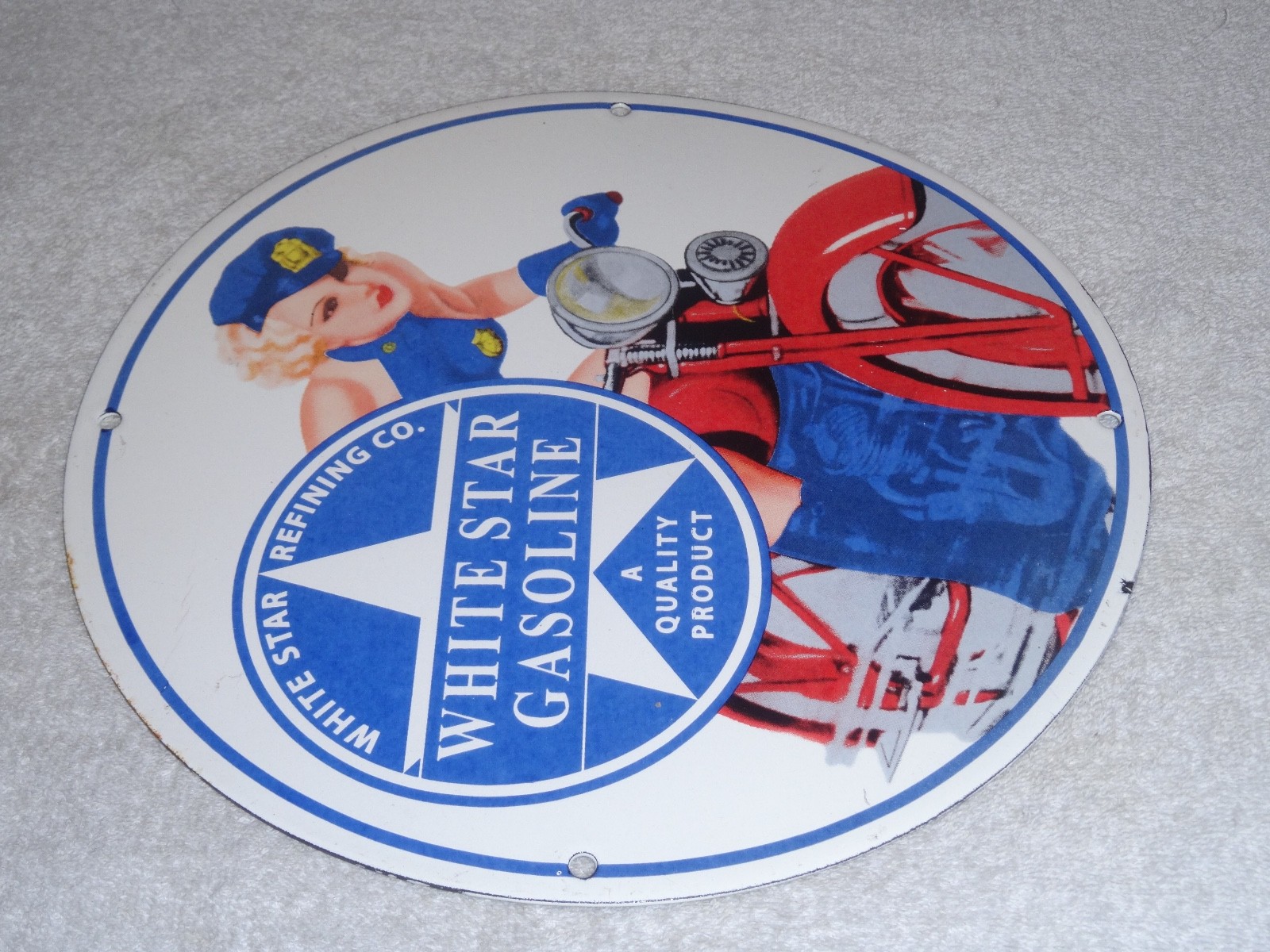 VINTAGE WHITE STAR GASOLINE "WOMAN ON MOTORCYCLE" 12" PORCELAIN METAL MOBIL SIGN