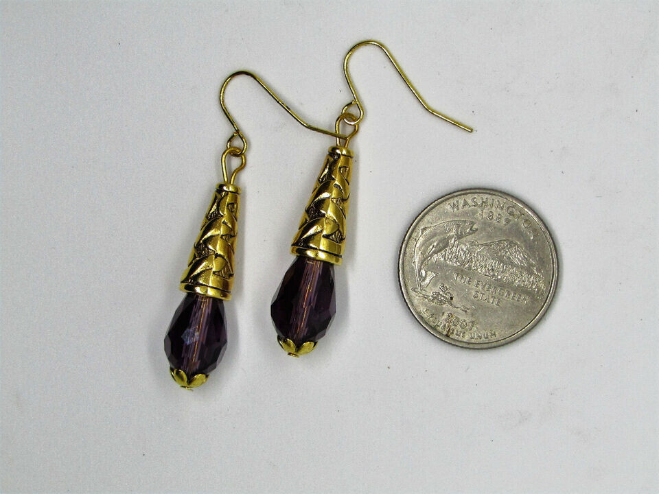 Purple Amethyst Teardrop Crystal GOLD Dangle Earrings, Handcrafted