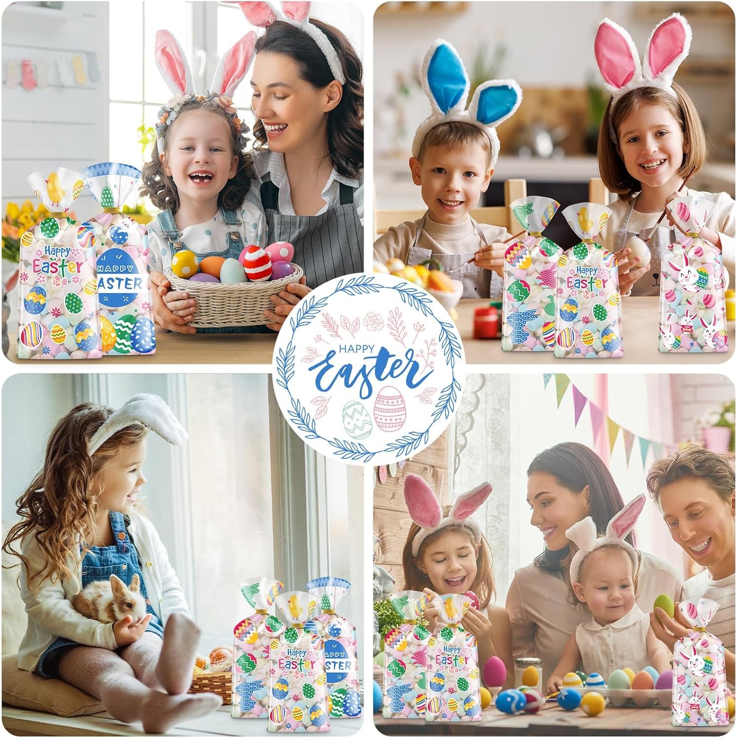 100 Pcs Easter Treat Bags - Happy Easter Gift Bag, Easters Eggs Plastic Cellopha