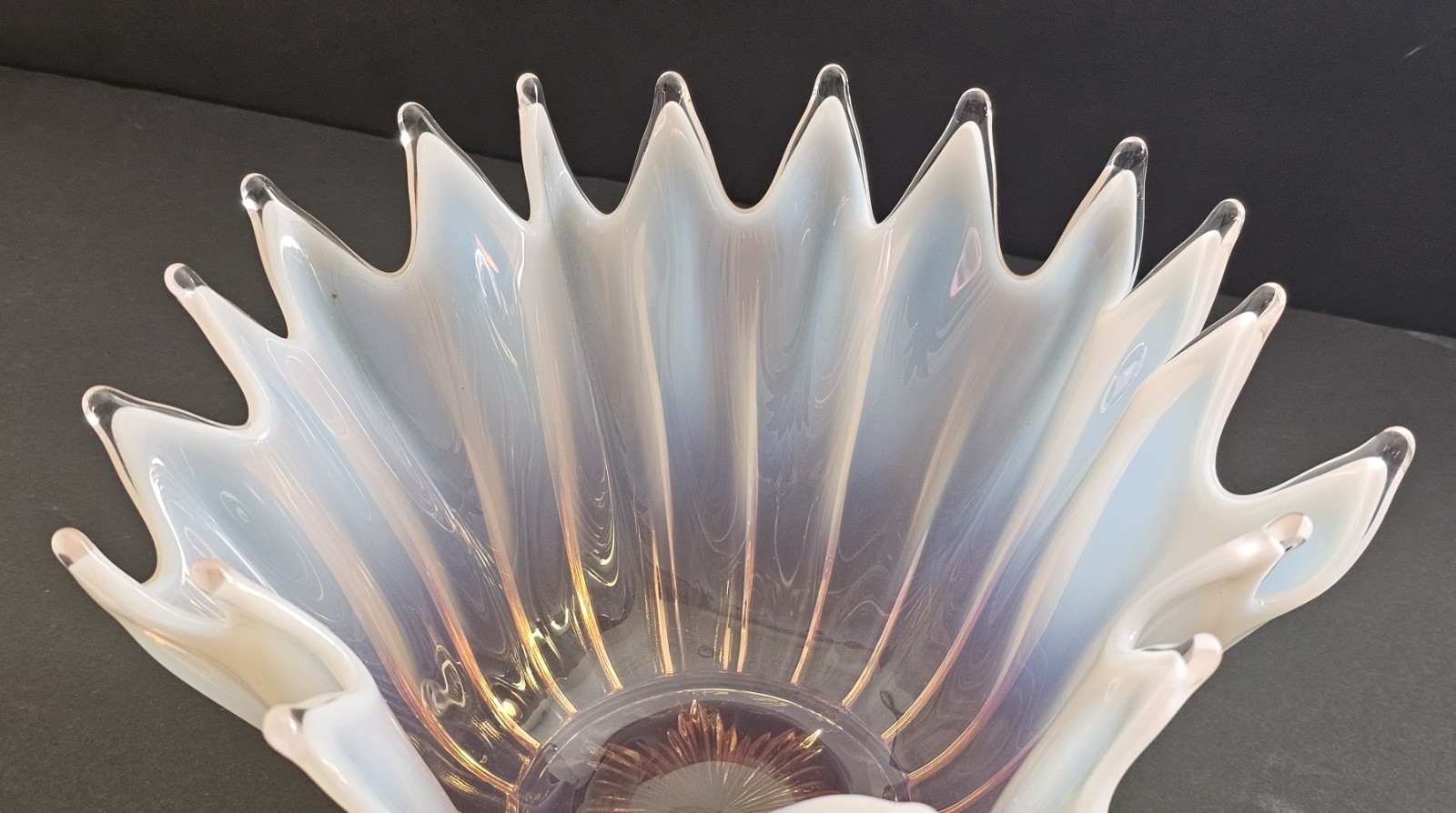 Beautiful Free Form Fostoria Heirloom Pink/Peach and White Opalescent Bowl