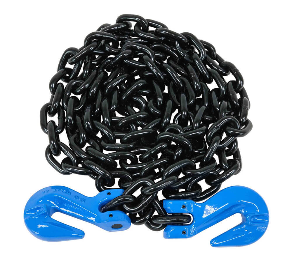 3/8" x 20' G100 High Grade Transportation Chain w/ Grab Hooks, 8800 lbs WLL