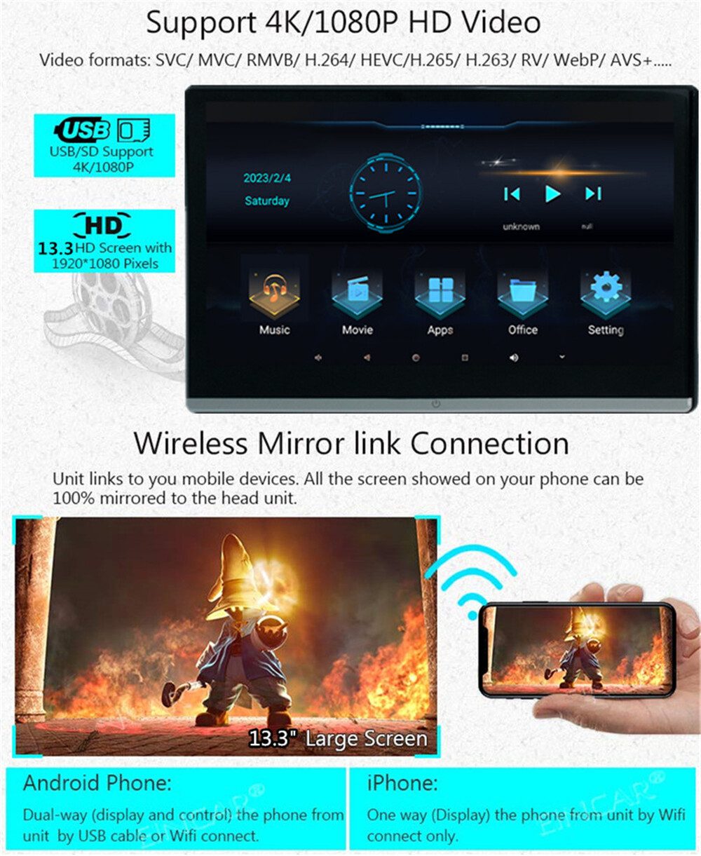 13.3''Car Rear Headrest TV Monitor 4+64GB WIFI Bluetooth Rotatable Screen Player