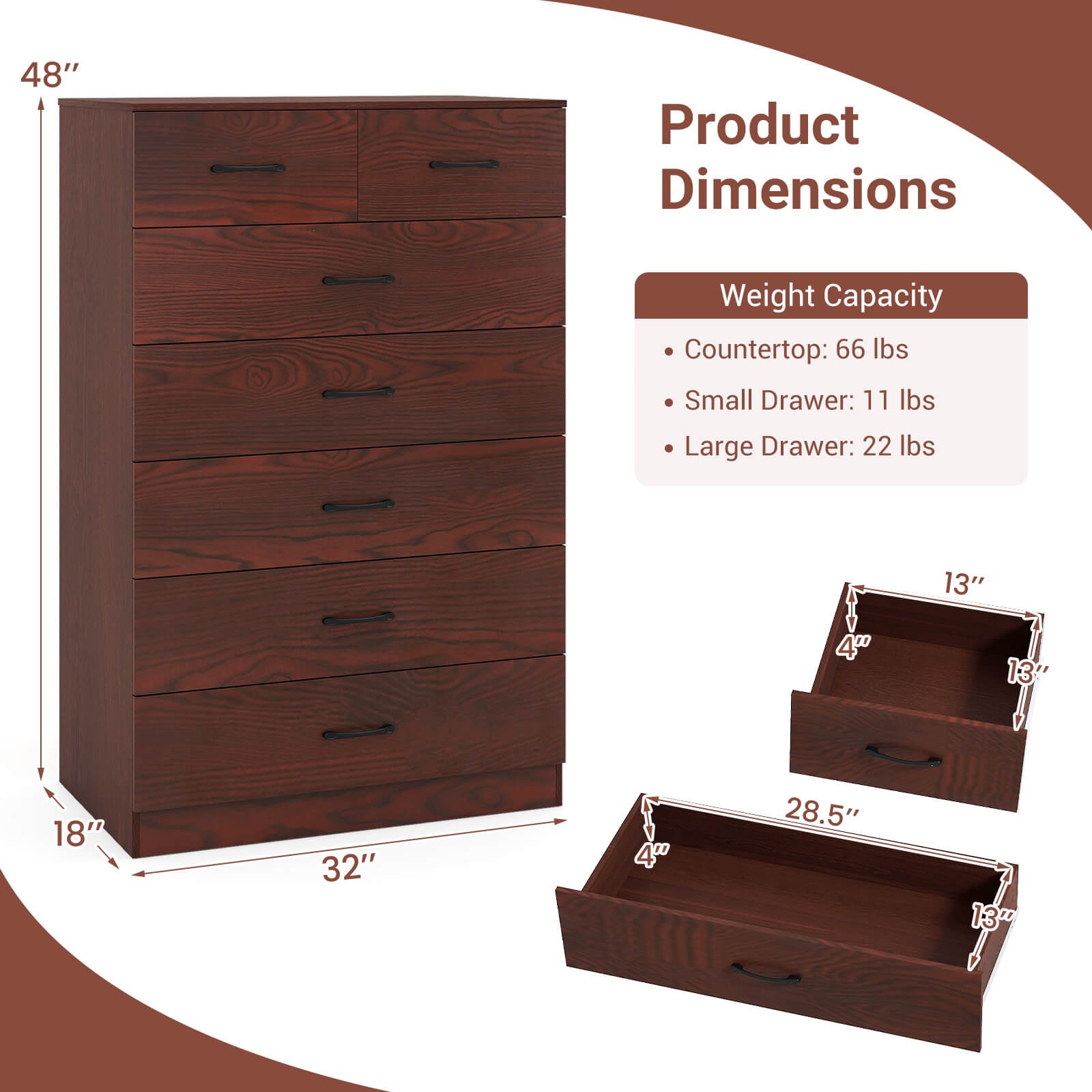 7 Drawers Dresser Wooden Chest of Drawers w/ Metal Handles, Guide Rails Espresso