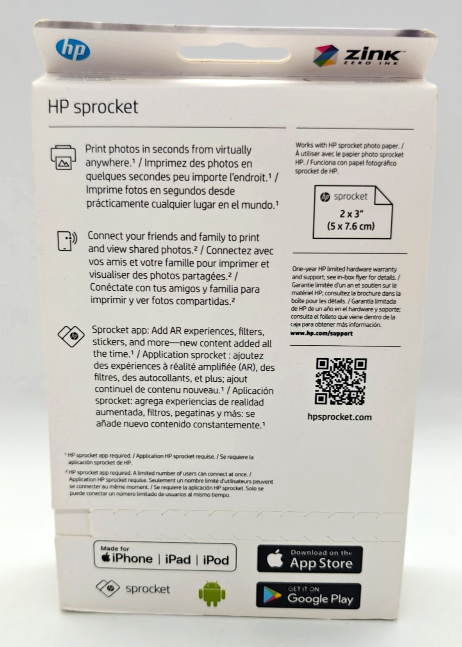 HP Sprocket 200 (2nd Ed) Photo Printer Luna Pearl NEW + 50 Sheets Zink Paper