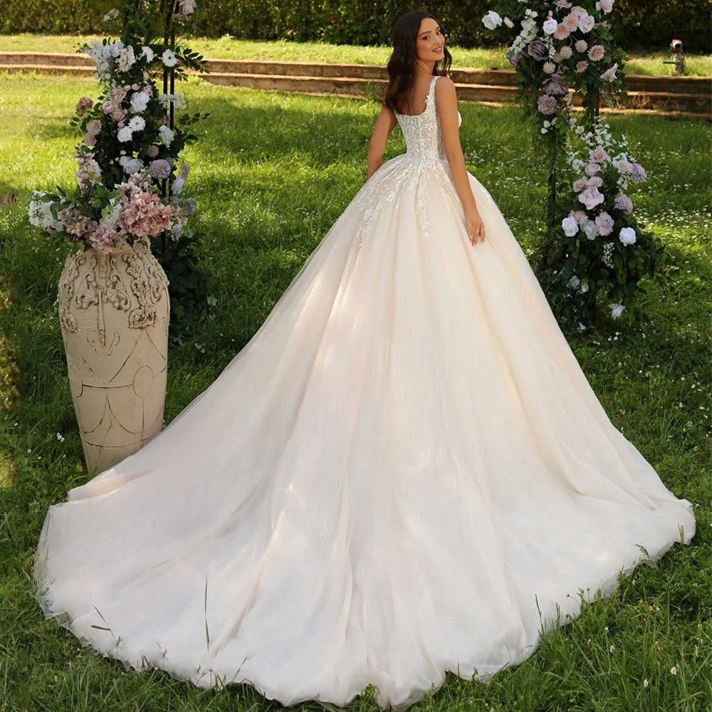 Princess Ball Gown Wedding Dress Customized Square Neck Beading Applique Sweep