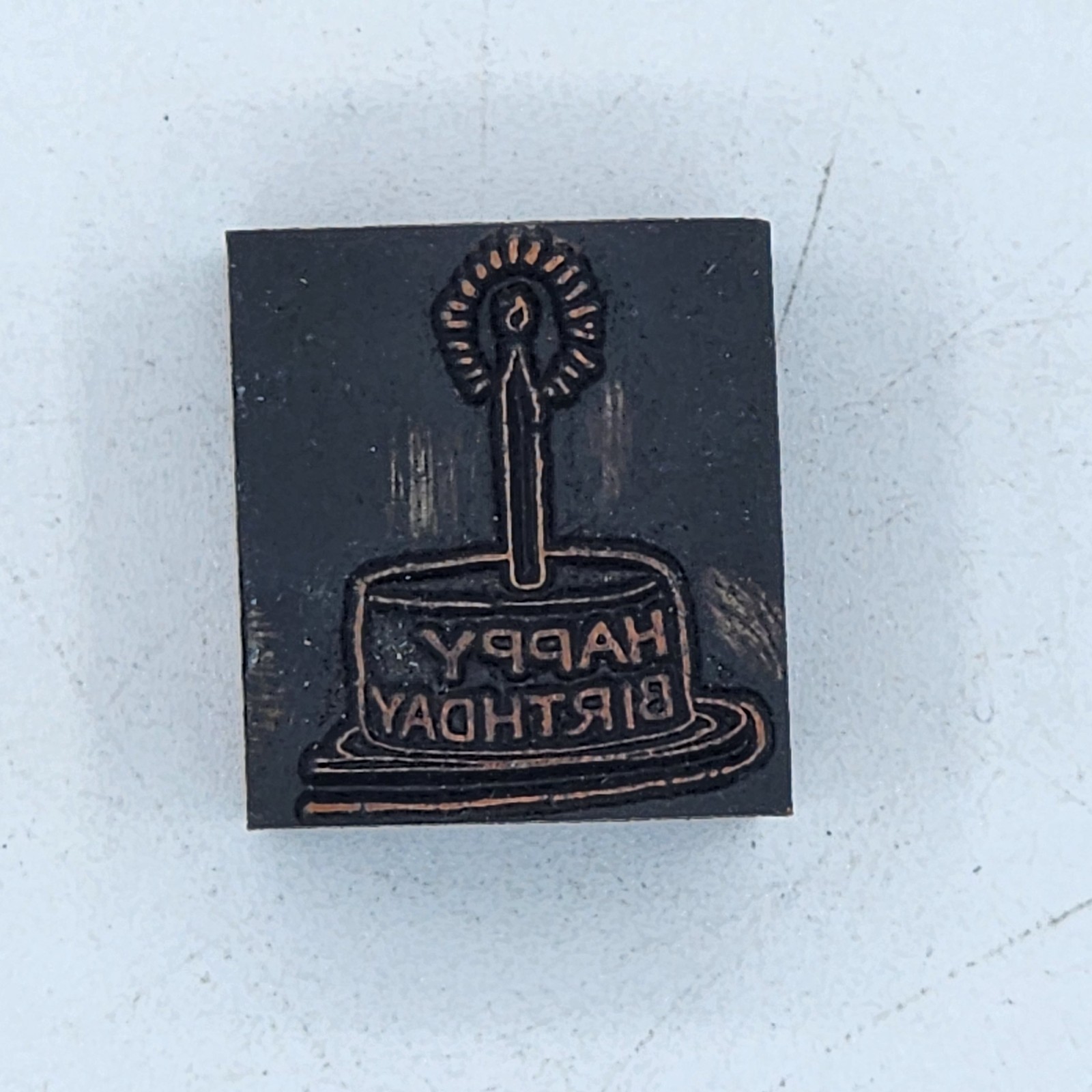 Vintage Letterpress Block "Happy Birthday" Cake and Candle