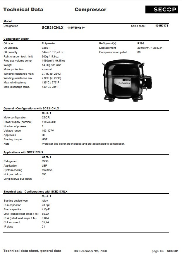 Secop SCE21CNLX R290 Refrigeration Compressor 3231 BTU LBP 115V 60 Hz