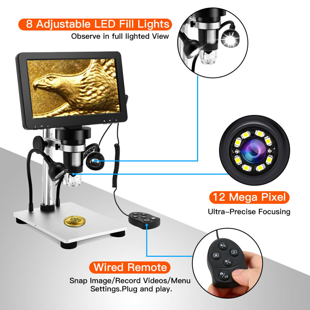 TOMLOV Digital Microscope 7" LCD Coin Magnifier 1200X 12MP Soldering Microscope