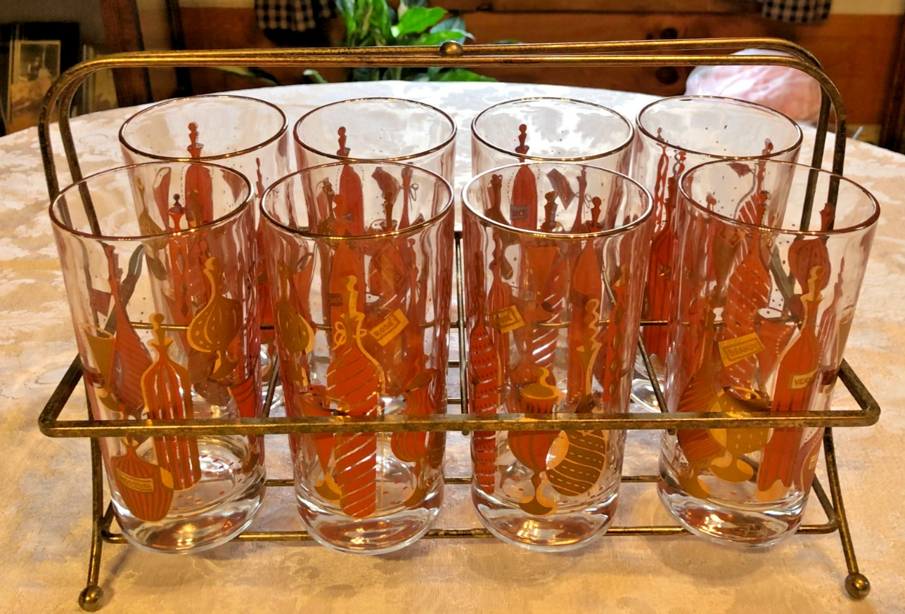 MCM Gay Fad Bordeaux Barware Highball Glasses 5.5” Set Of 8 in Carrier Caddy