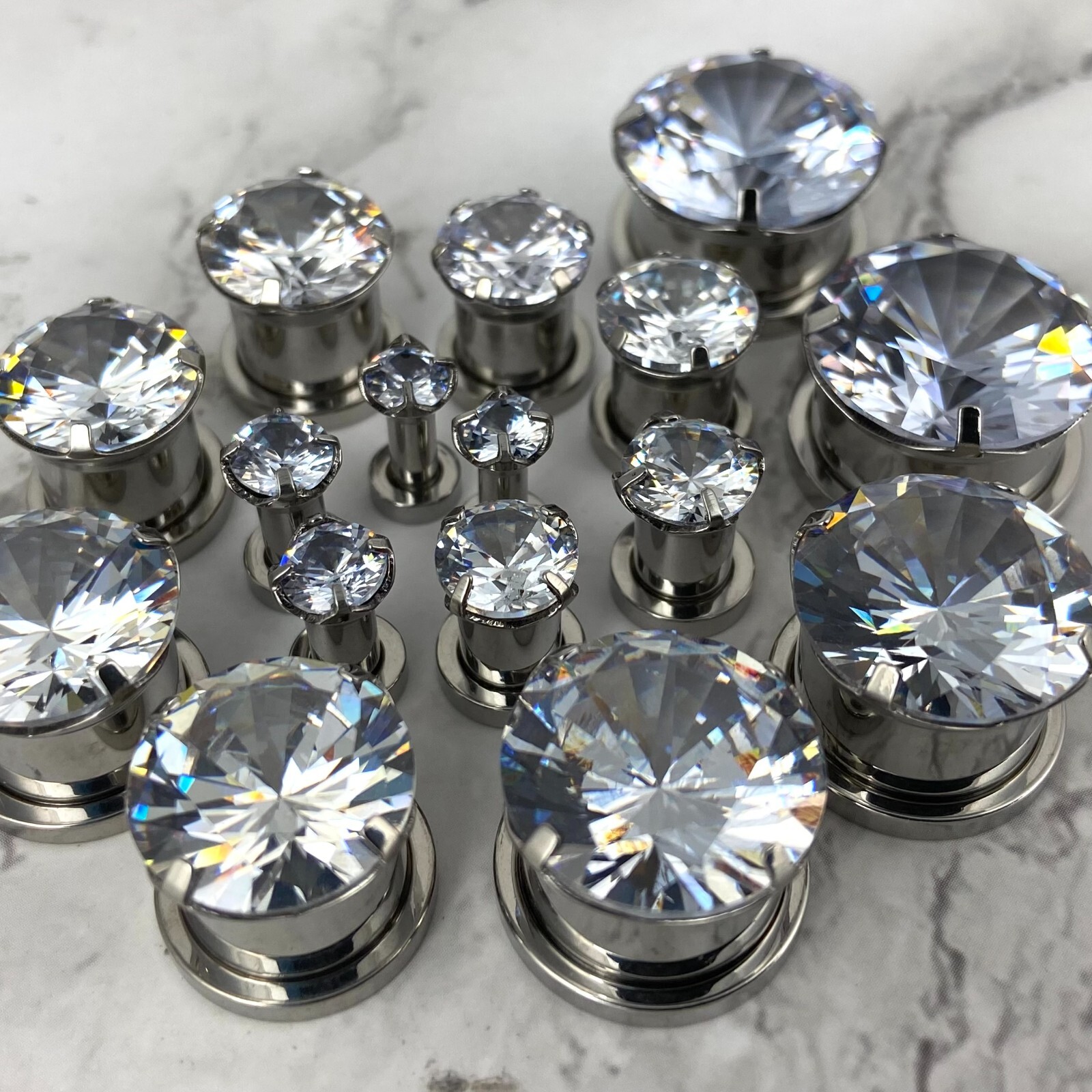 Pair 316L Steel Screw on Plugs with Clear Prong Set CZ Gem (PS-147) gauges