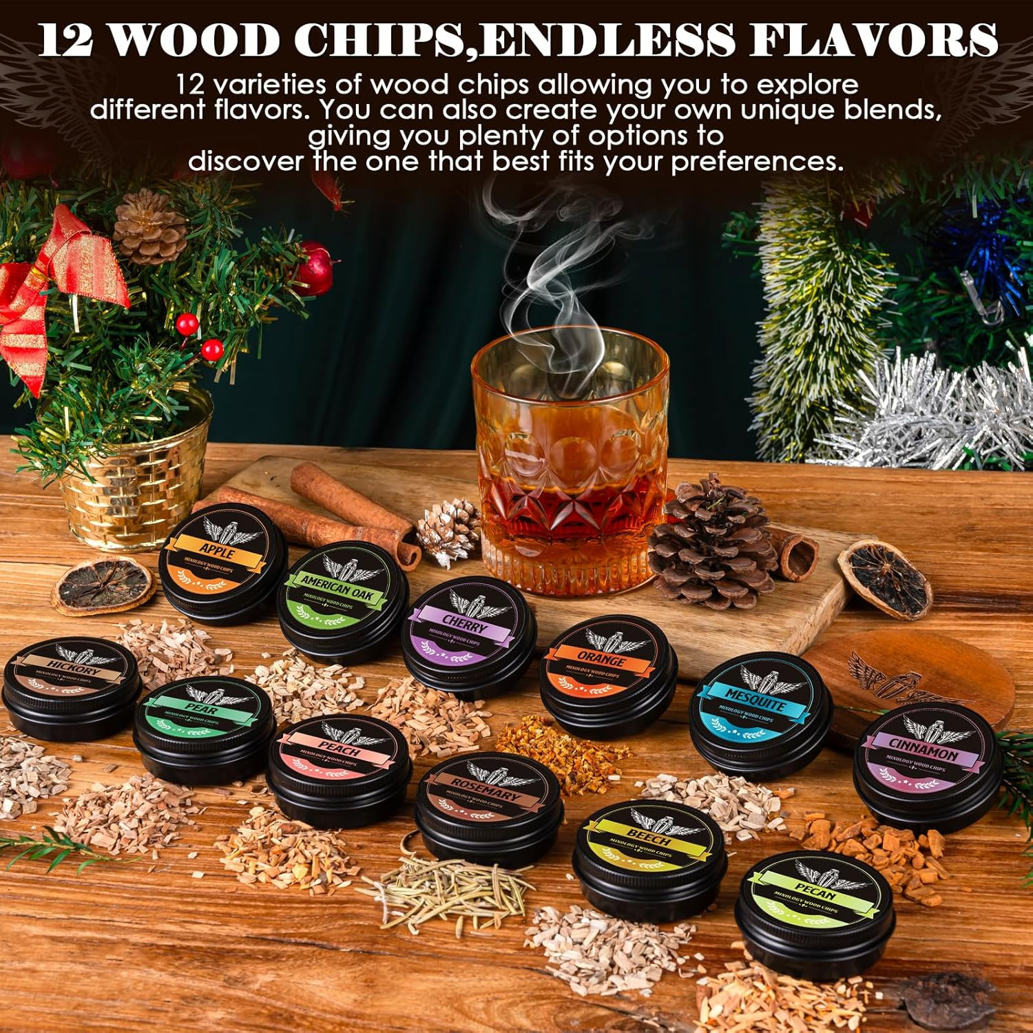 Natural Wood Chips for Cocktail Smoker, 12 Flavors Wood Chips Including Apple,Ch