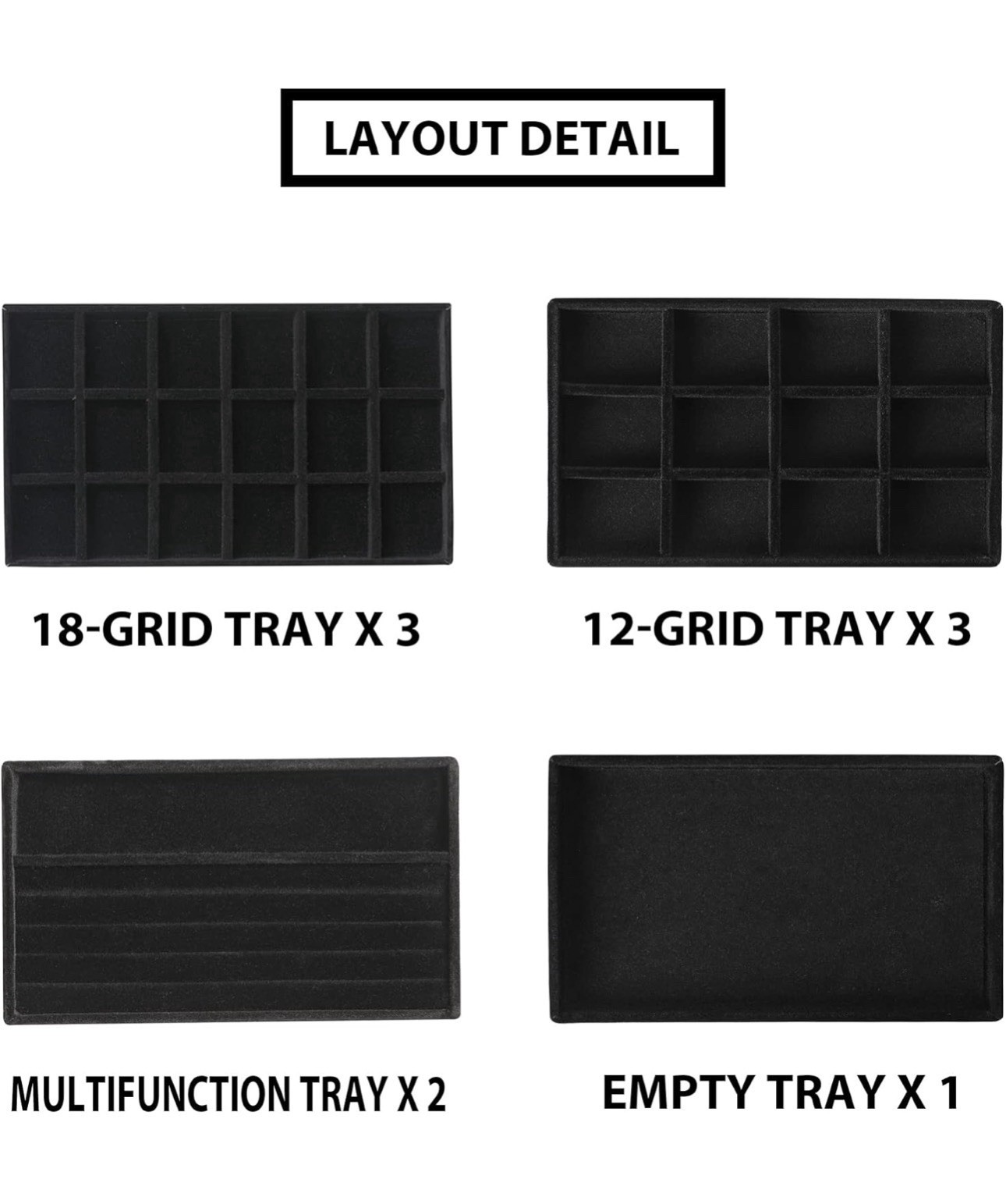 Set of 9 Black Jewelry Trays with Multiple Grid Layouts Organizer Display