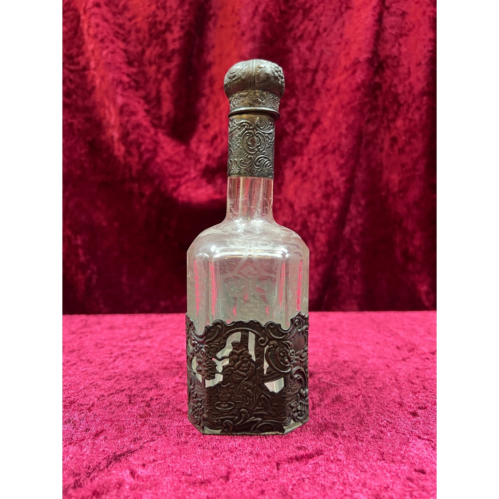 Antique Barware 18th Century Etched Glass Decanter Silver Repousse Germany