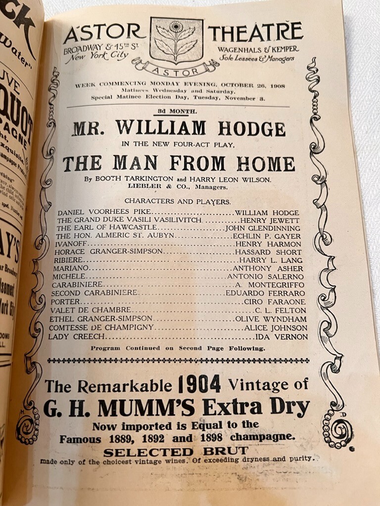 Astor Theater Program Oct 26 1908 William Hodge Henry Jewett Man From Home