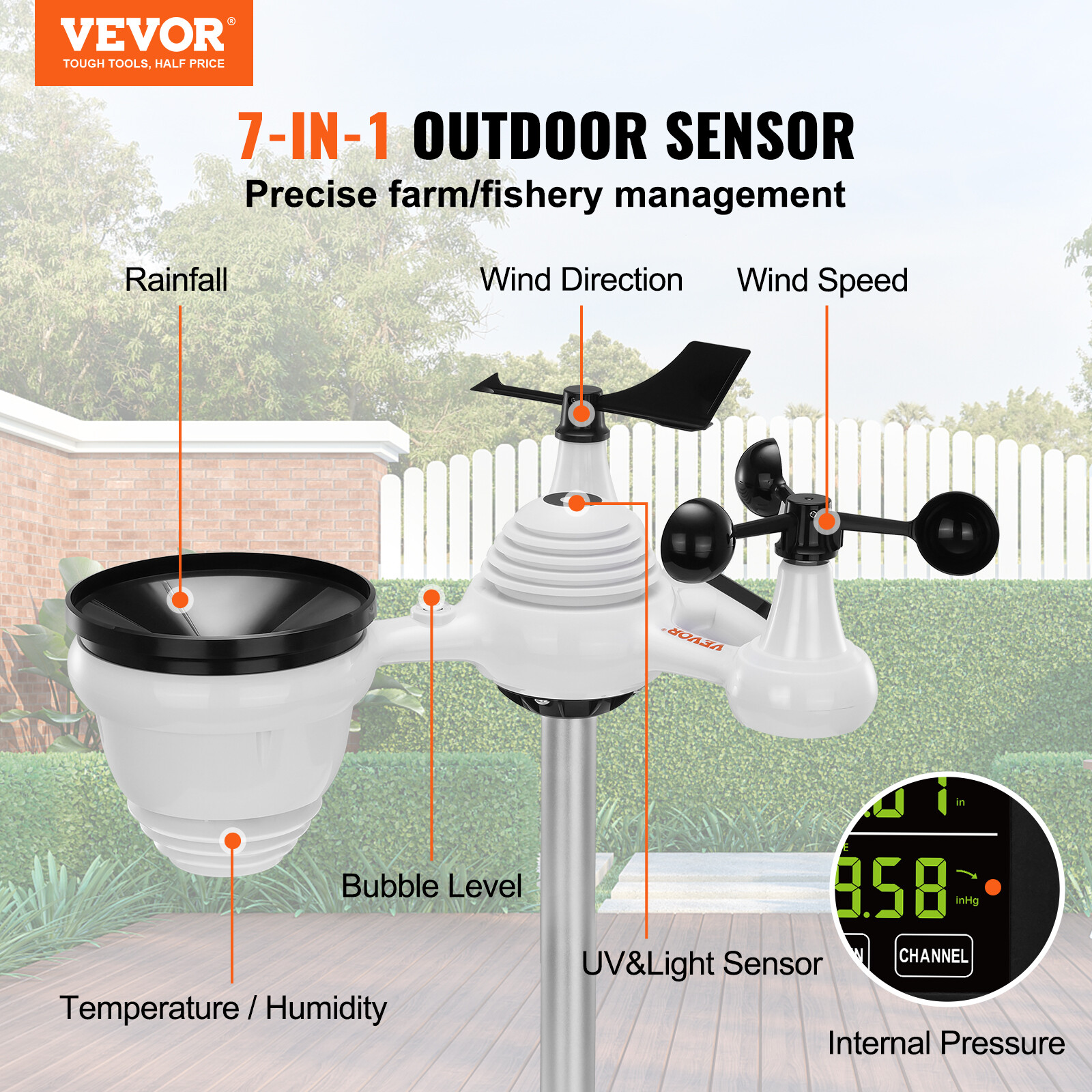 VEVOR 7-in-1 Wireless Weather Station 7.5 in Large Display for Indoor Outdoor