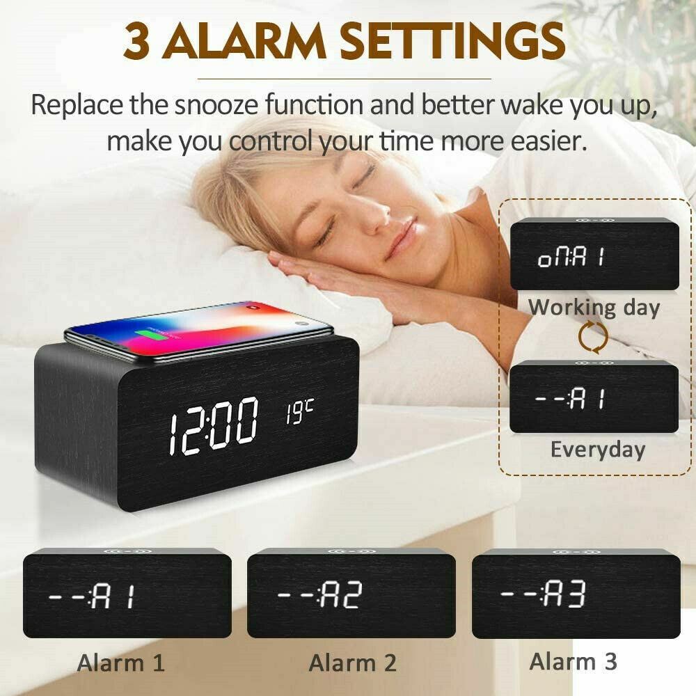 Modern Wooden Wood Digital LED Desk Alarm Clock Thermometer Qi Wireless Charger