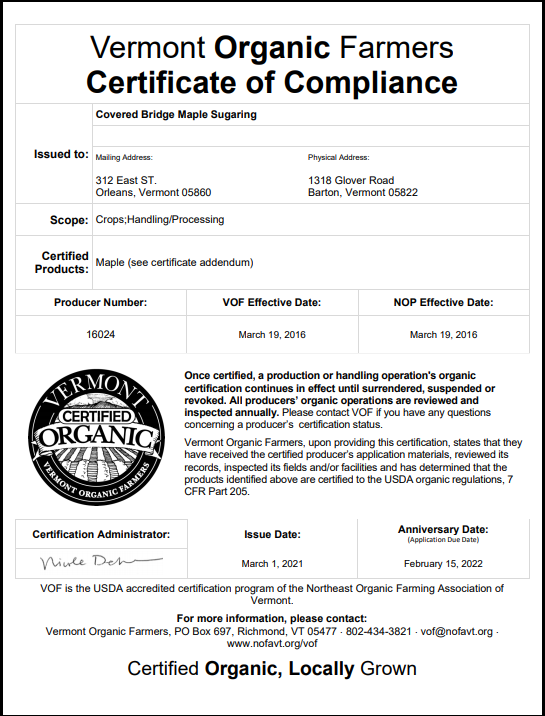 (1) half gallon glass jug of Pure Vt. "Organic" Maple syrup Golden, Amber, Dark