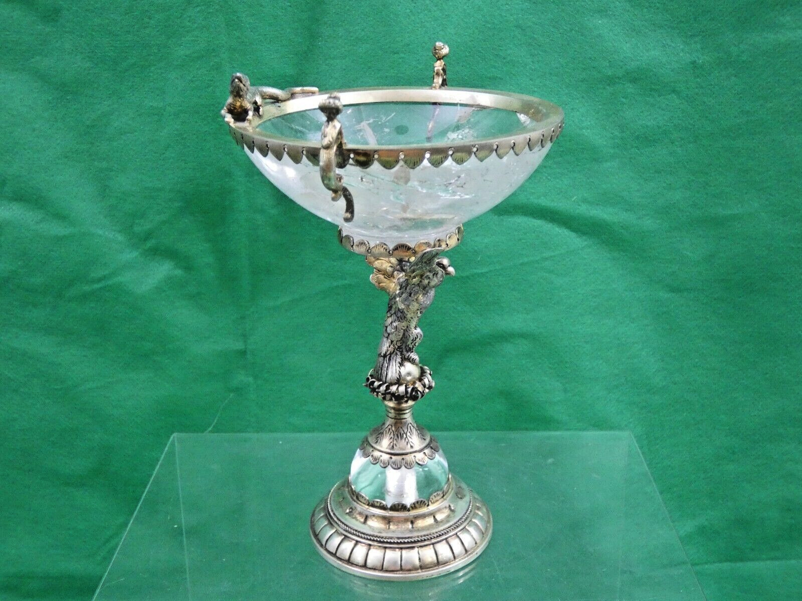 GORGEOUS SILVER - GILT / ROCK CRYSTAL TAZZA ANTIQUE GERMAN FIGURAL EAGLE LIZARD