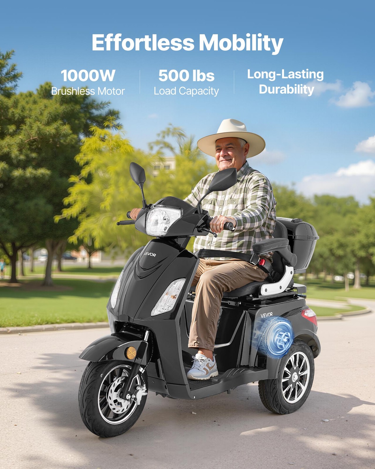 VEVOR Heavy Duty 3-Wheel Mobility Scooters 21.5 Miles 3-Speed 500lbs Capacity