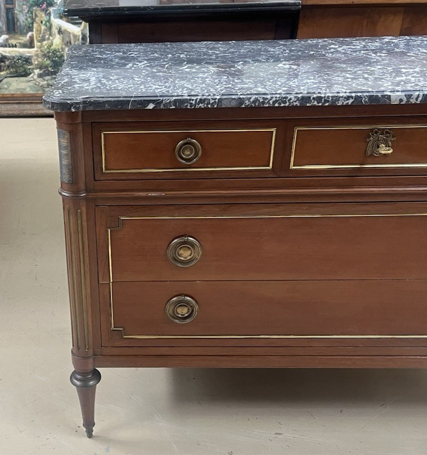 ANTIQUE FRENCH LOUIS XVI MARBLE-TOP MAHOGANY CHEST OF DRAWERS COMMODE