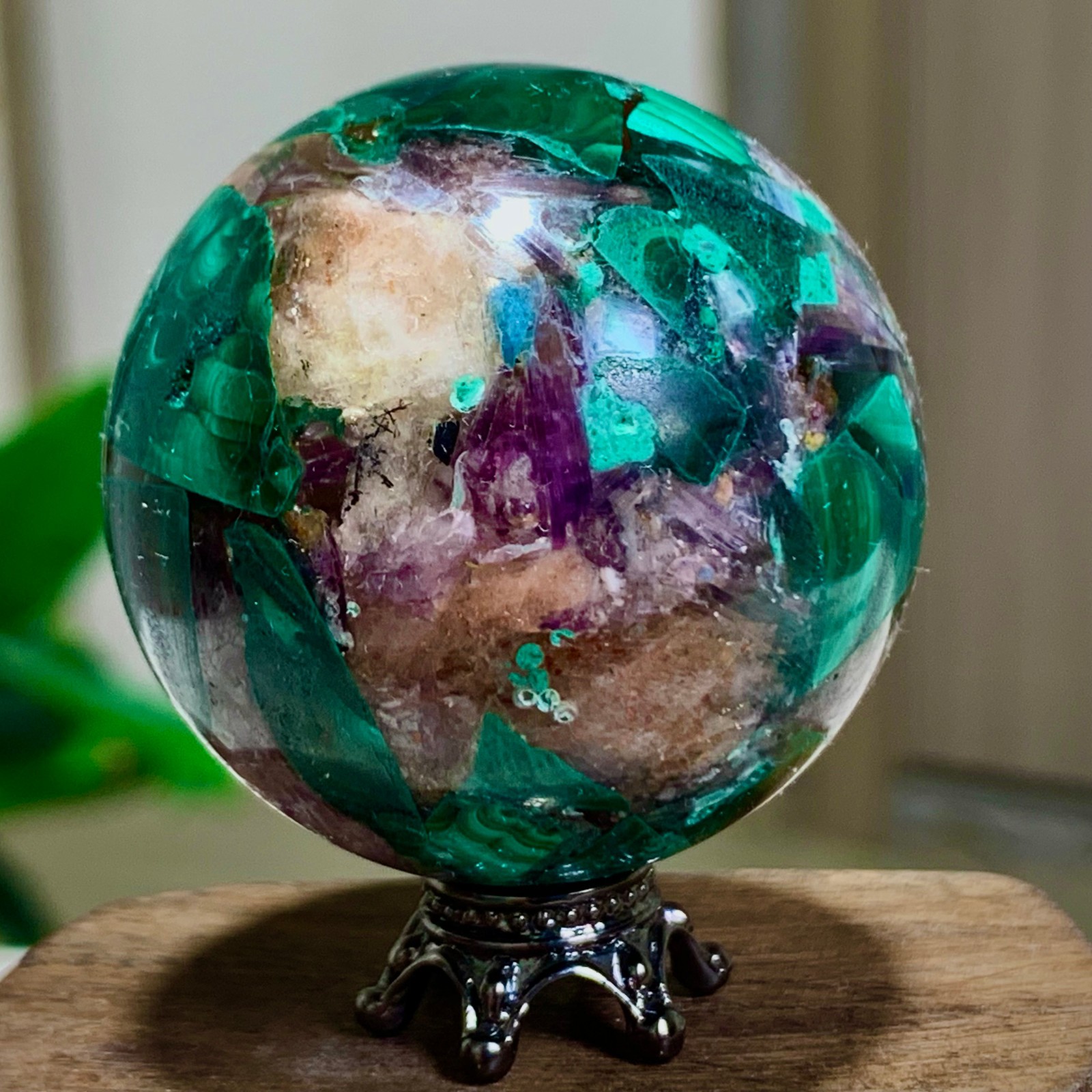 84G Newly discovered rare malachite purple mica symbiotic sphere restoration