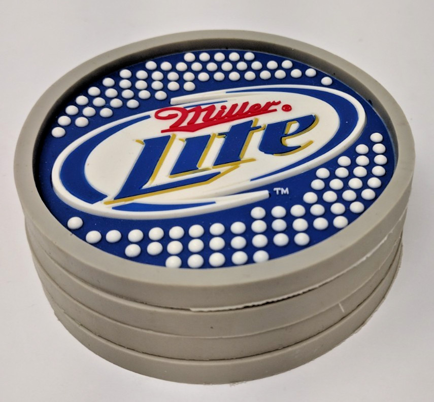 Miller Lite Rubber Beer Coaster Set of 4 Durable Washable Stocking Stuffer Bar
