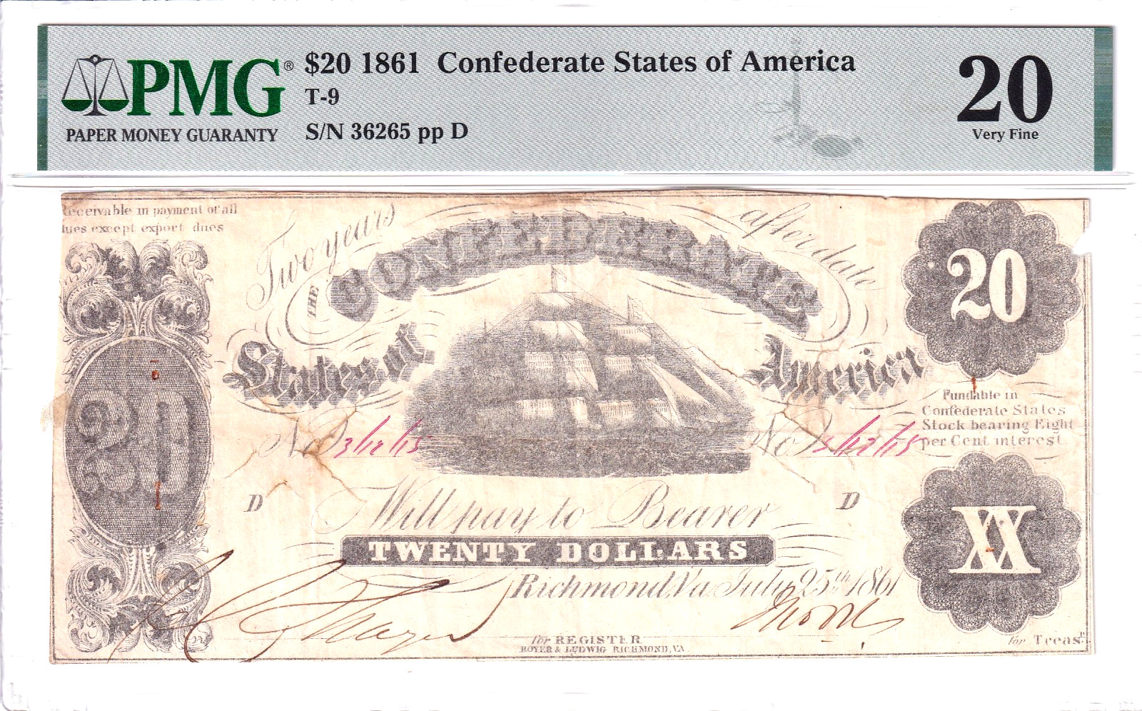 1861 $20 Confederate States of America T-9 PMG VF20 Very Fine 20 #36265