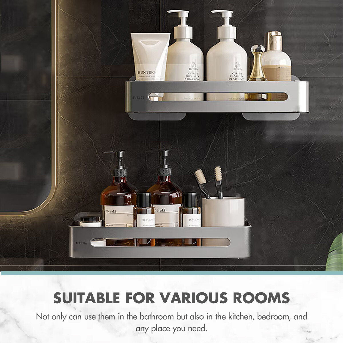 304 Shower Caddy Shelf Bathroom Bath Storage Holder Adhesive Organizer Rack 2pcs