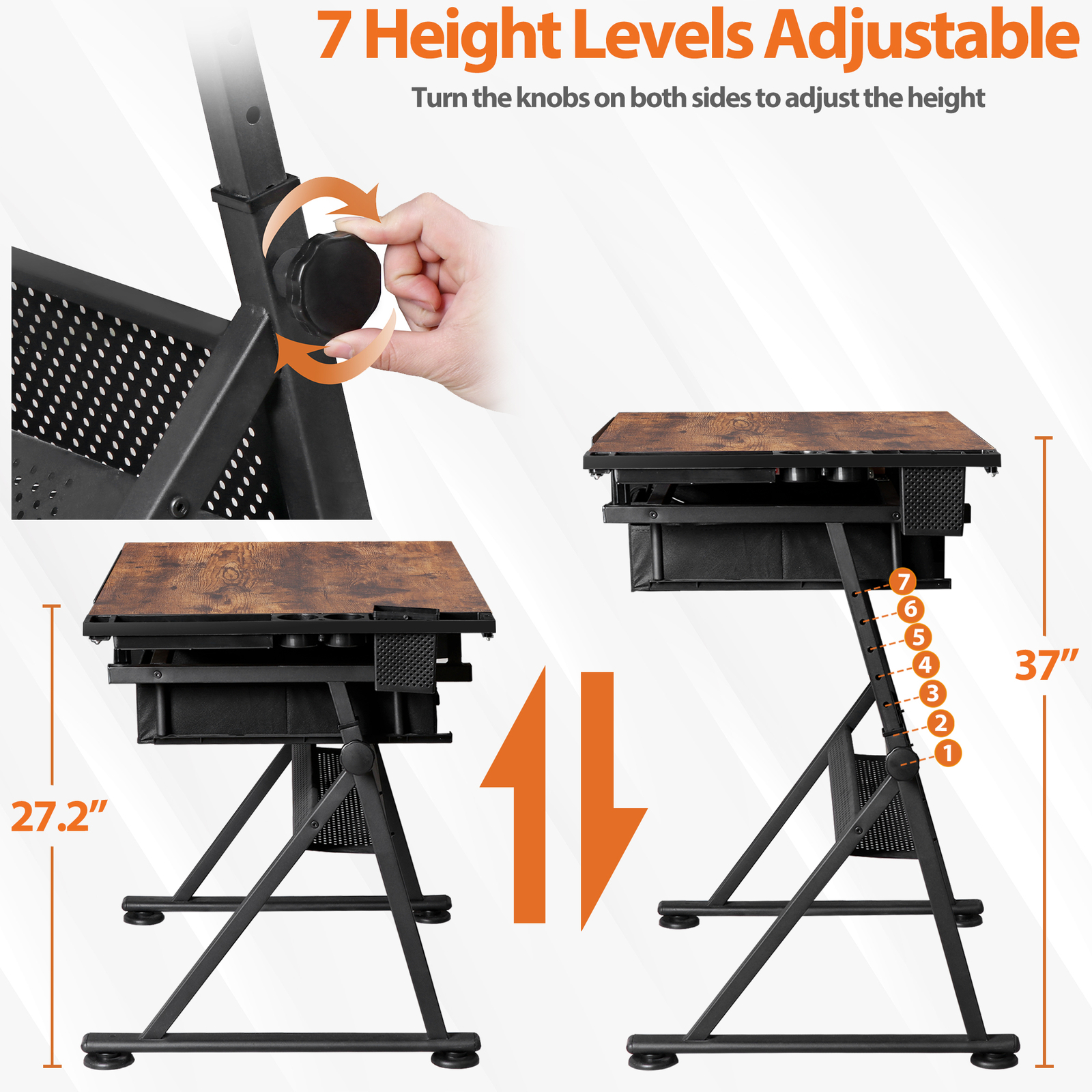 Adjustable Drafting Drawing Table Craft Tiltable Tabletop with Stool & Outlet