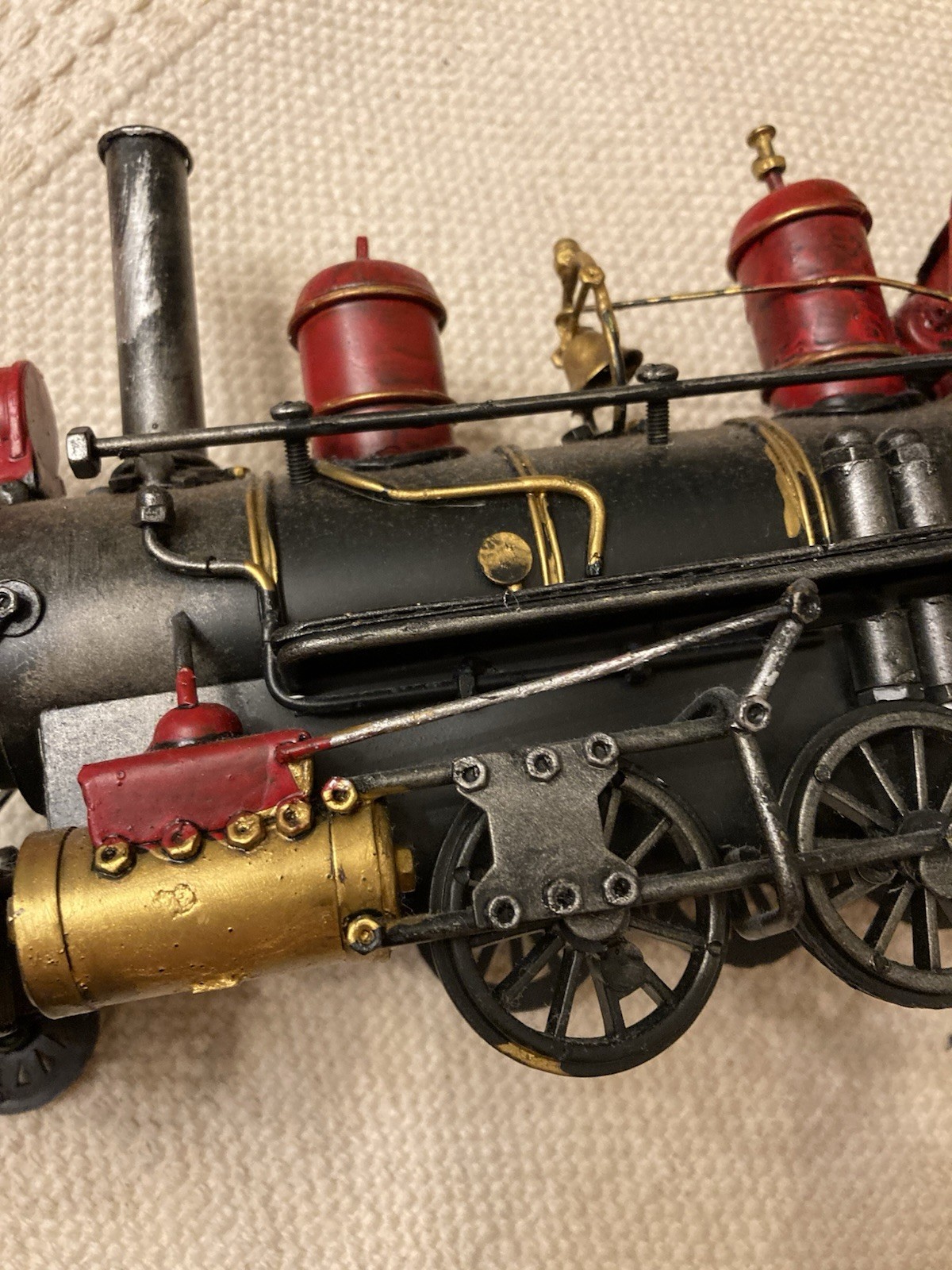 Vtg Decorative Metal Steam Locomotive Model Train Engine Red Black Gold On Base