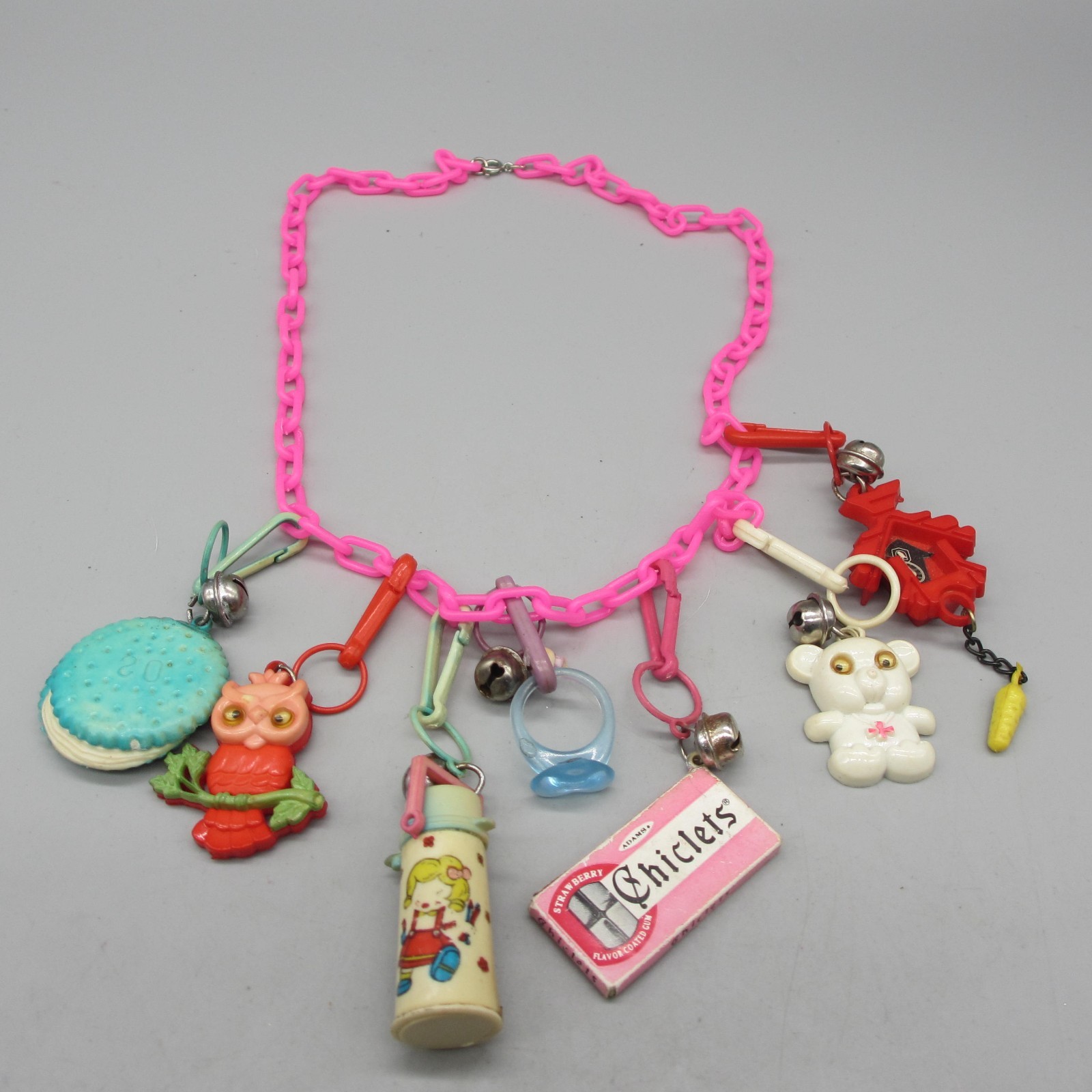 Vintage Bell Charm Necklace Owl Gum Ring Clock Thermos Pink Chain 24 Inch