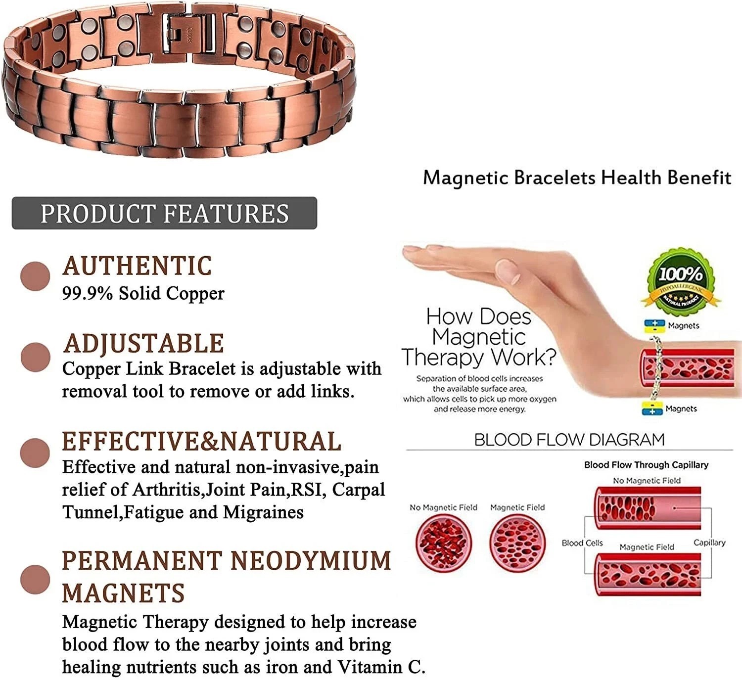 2 Pack Pure Copper Magnetic Bracelet Arthritis Pain Therapy Energy Cuff Bangle