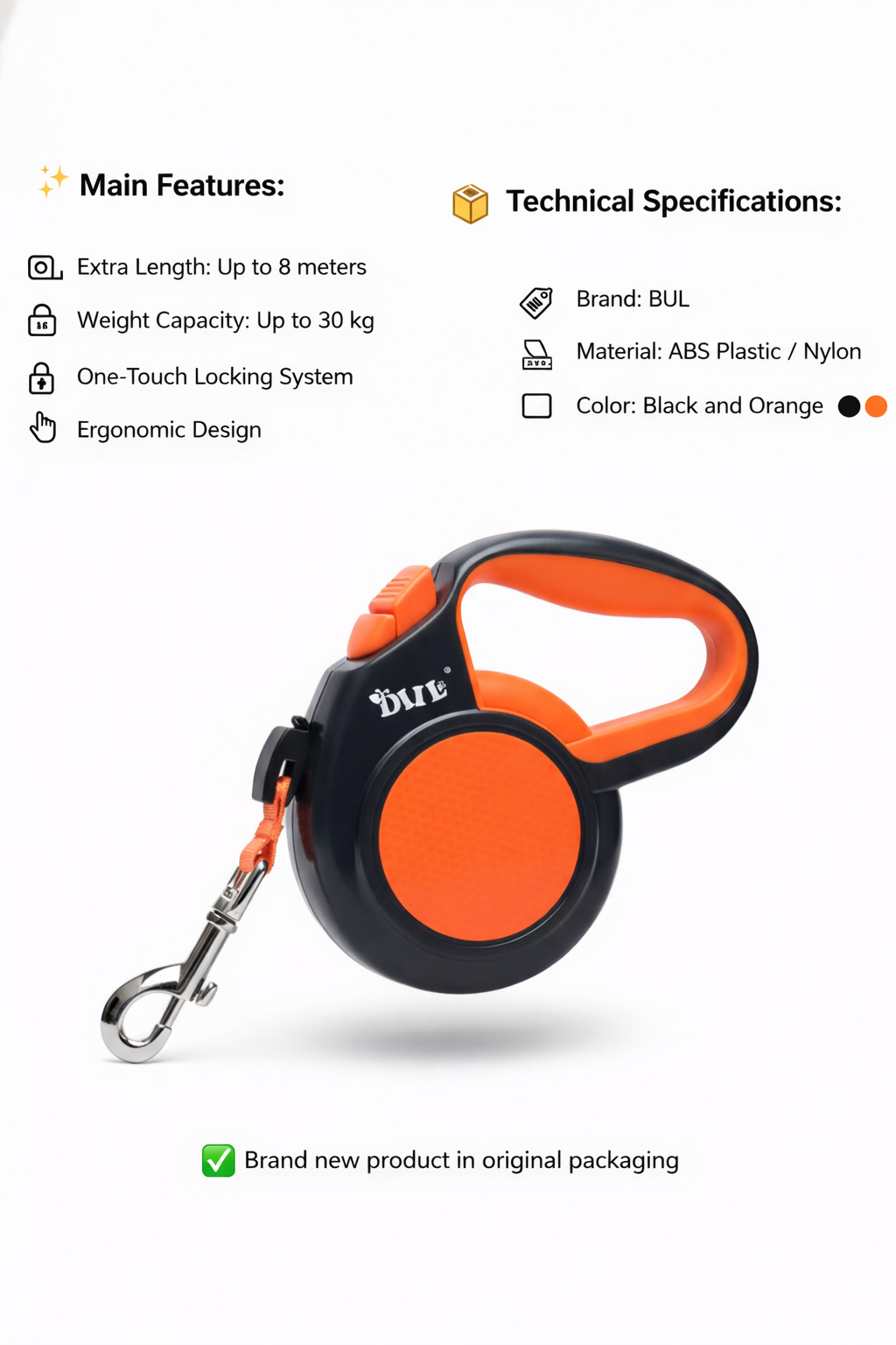 8M Retractable Dog Leash Heavy Duty 30KG Extension Lead - Orange/Black