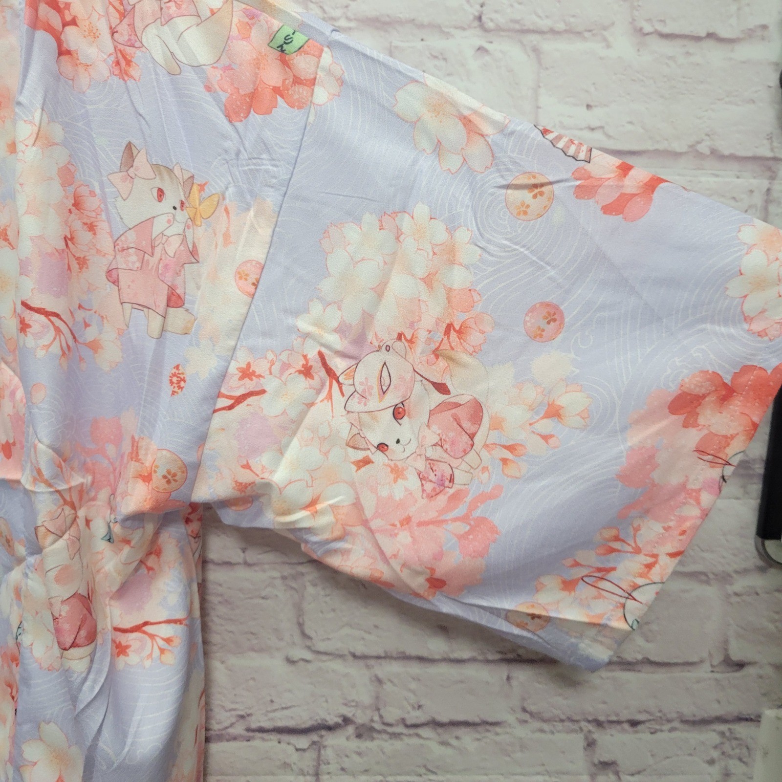 Japanese Kimono Blouse Womens XL+ Pastel Cat with Fan Floral Asian Lightweight