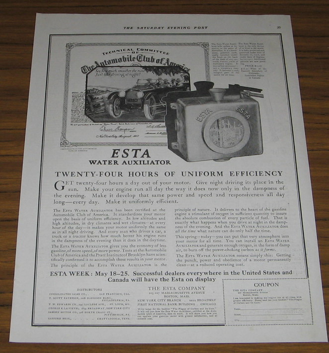 1918 Vintage Ad Esta Water Auxiliator for Automobiles Cars